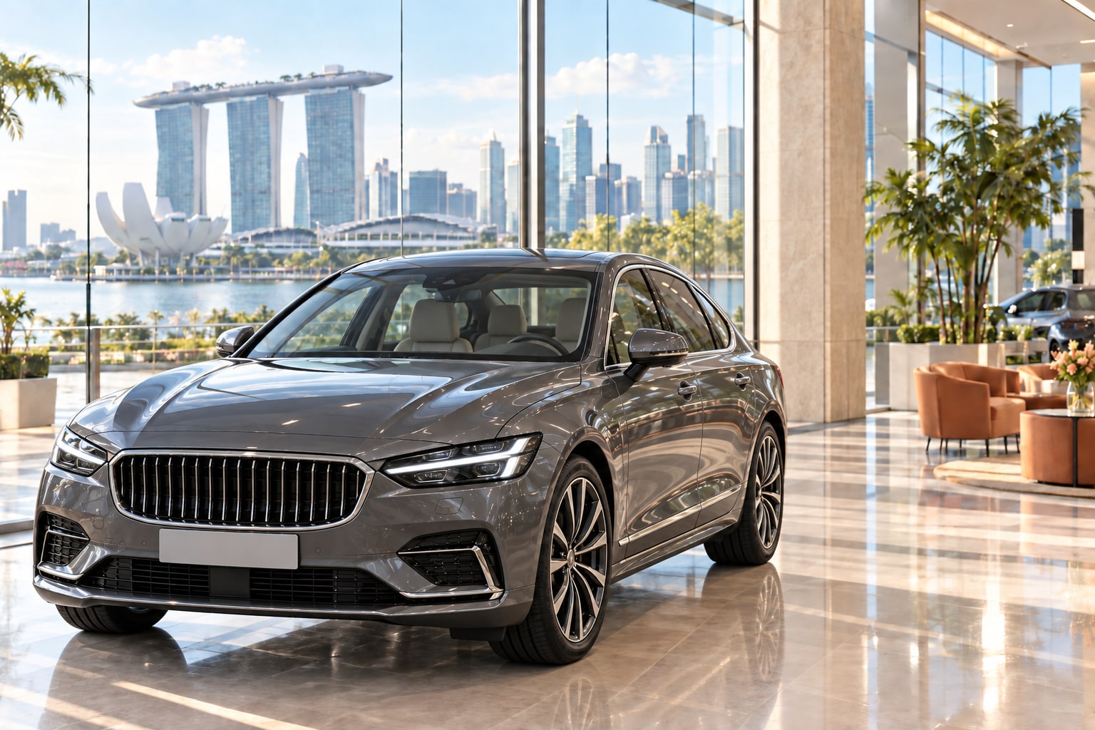 Graphite sedan in a sunlit Marina Bay showroom