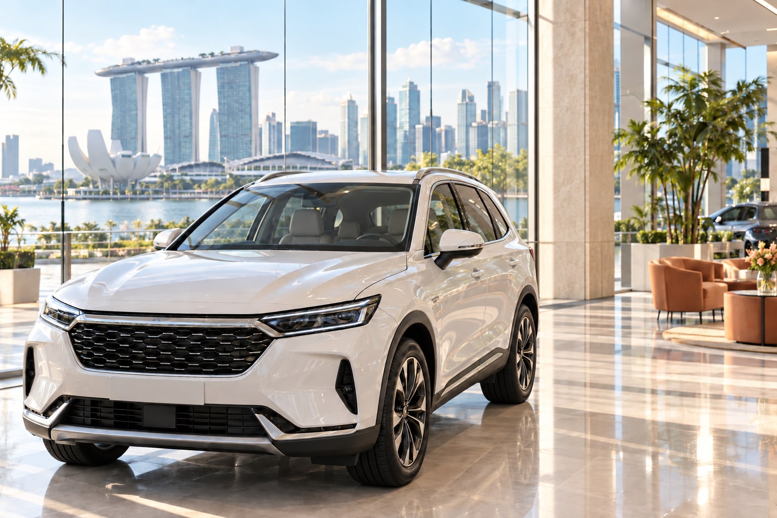 White SUV in a sunlit Marina Bay showroom